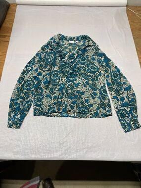 Covington Teal and Cream Floral Ruffle Blouse